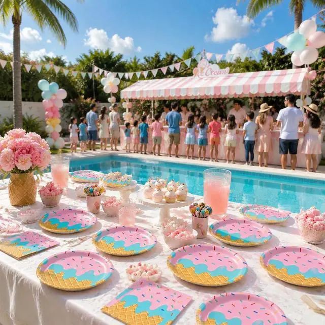 Alt view image 6 of 7 - 40 Pcs Ice Cream Plates and Napkins Party Supplies,Disposable Ice Cream Paper Plates and Napkins Tableware Set for Birthday Baby Shower Sweet Summer Ice Party Serve 20 Guests
