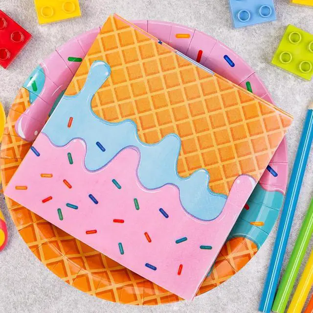 Alt view image 3 of 7 - 40 Pcs Ice Cream Plates and Napkins Party Supplies,Disposable Ice Cream Paper Plates and Napkins Tableware Set for Birthday Baby Shower Sweet Summer Ice Party Serve 20 Guests