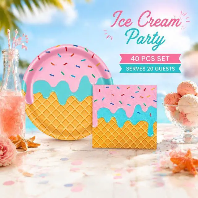 Alt view image 7 of 7 - 40 Pcs Ice Cream Plates and Napkins Party Supplies,Disposable Ice Cream Paper Plates and Napkins Tableware Set for Birthday Baby Shower Sweet Summer Ice Party Serve 20 Guests