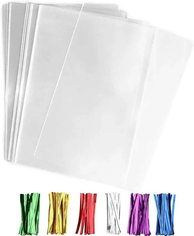 Main image of Nobranded 50 pcs Clear 11" x 14" Flat Cello Cellophane Bags Poly Treat Bags 2.8 mils for Gift Wrapping, Bakery, Cookie, Candies, Toast, Dessert, Party Favors Packaging with Color Twist Ties