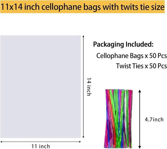 Alt view image 2 of 7 - Nobranded 50 pcs Clear 11" x 14" Flat Cello Cellophane Bags Poly Treat Bags 2.8 mils for Gift Wrapping, Bakery, Cookie, Candies, Toast, Dessert, Party Favors Packaging with Color Twist Ties