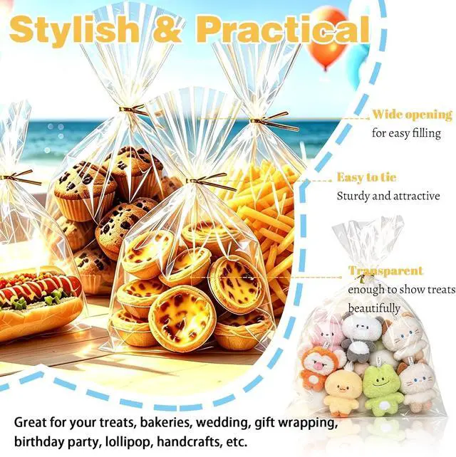 Alt view image 4 of 7 - Nobranded 50 pcs Clear 11" x 14" Flat Cello Cellophane Bags Poly Treat Bags 2.8 mils for Gift Wrapping, Bakery, Cookie, Candies, Toast, Dessert, Party Favors Packaging with Color Twist Ties