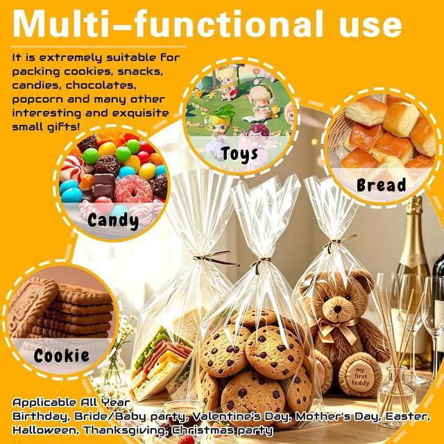 Alt view image 5 of 7 - Nobranded 50 pcs Clear 11" x 14" Flat Cello Cellophane Bags Poly Treat Bags 2.8 mils for Gift Wrapping, Bakery, Cookie, Candies, Toast, Dessert, Party Favors Packaging with Color Twist Ties