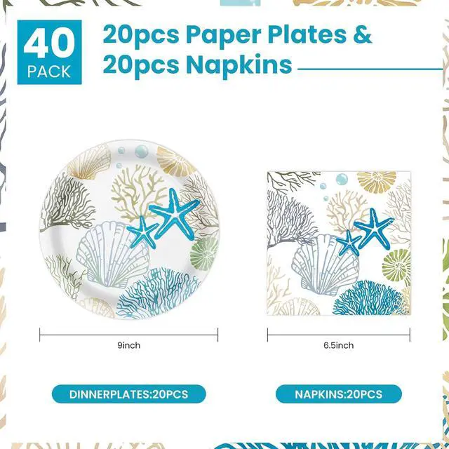 Alt view image 2 of 7 - 40 Pcs Ocean Seashell Plates and Napkins Party Supplies, Coastal Beach Paper Plates Napkins Starfish Coral Disposable Tableware Set for Summer Birthday Baby Shower Beach Party Decorations (Ocean)