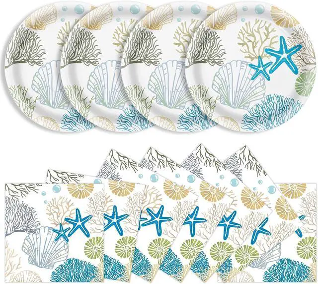 Main image of 40 Pcs Ocean Seashell Plates and Napkins Party Supplies, Coastal Beach Paper Plates Napkins Starfish Coral Disposable Tableware Set for Summer Birthday Baby Shower Beach Party Decorations (Ocean)