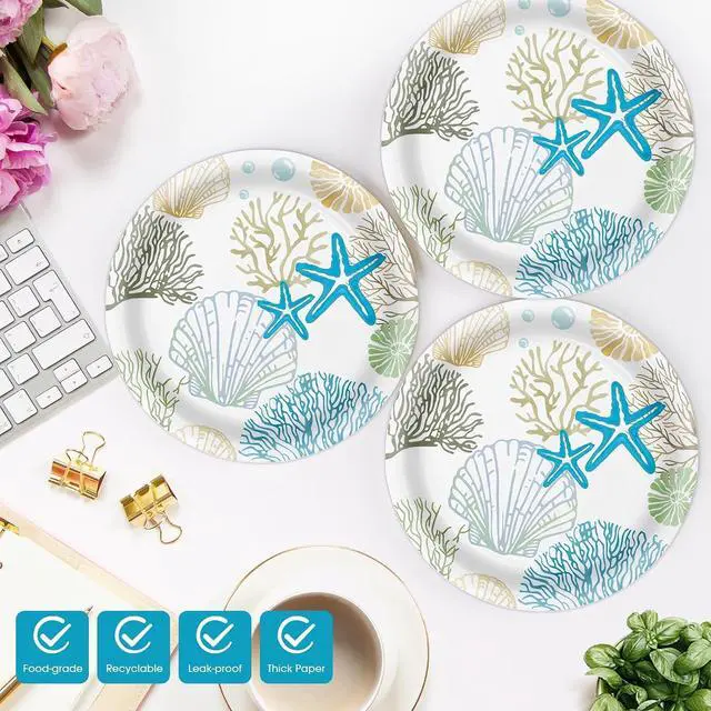 Alt view image 3 of 7 - 40 Pcs Ocean Seashell Plates and Napkins Party Supplies, Coastal Beach Paper Plates Napkins Starfish Coral Disposable Tableware Set for Summer Birthday Baby Shower Beach Party Decorations (Ocean)