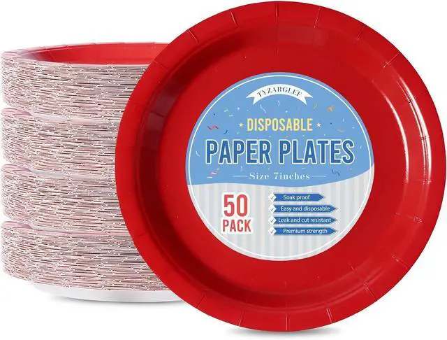 Main image of Red Disposable Paper Plates, 7 Inch Dessert Cake Plates, 50 Count Bulk
