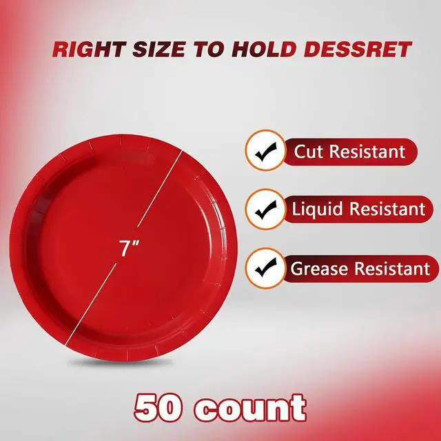 Alt view image 2 of 6 - Red Disposable Paper Plates, 7 Inch Dessert Cake Plates, 50 Count Bulk
