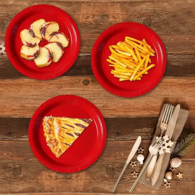 Alt view image 6 of 6 - Red Disposable Paper Plates, 7 Inch Dessert Cake Plates, 50 Count Bulk
