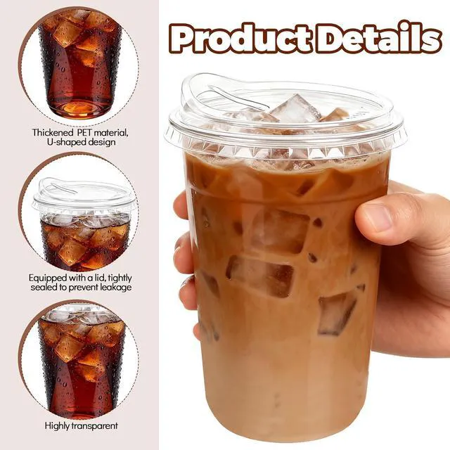 Alt view image 3 of 7 - 25 Set 16 oz Disposable Clear Round Bottom Plastic Cups with Sip Lids