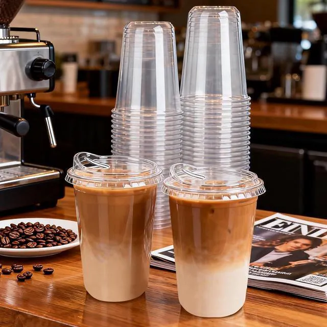 Alt view image 5 of 7 - 25 Set 16 oz Disposable Clear Round Bottom Plastic Cups with Sip Lids