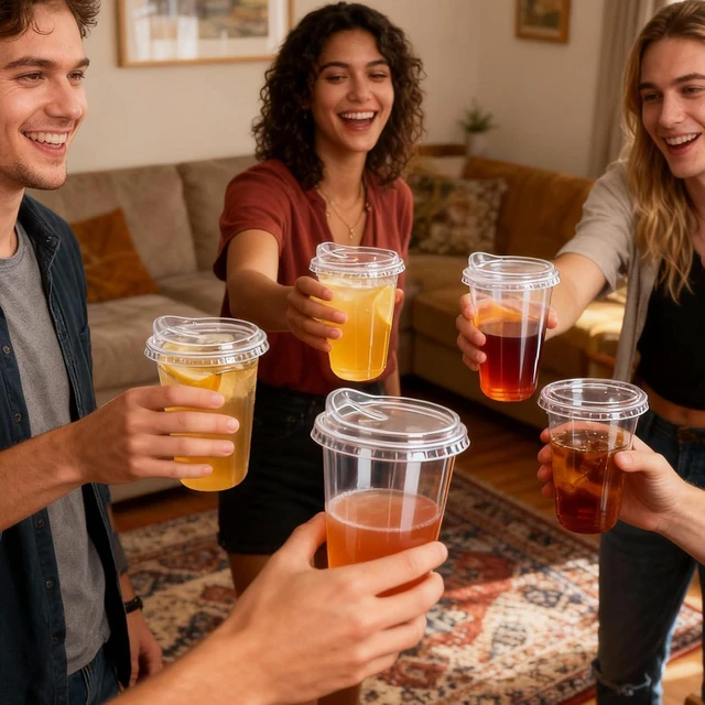 Alt view image 7 of 7 - 25 Set 16 oz Disposable Clear Round Bottom Plastic Cups with Sip Lids