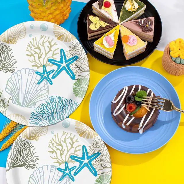 Alt view image 5 of 7 - 40 Pcs Ocean Seashell Plates and Napkins Party Supplies, Coastal Beach Paper Plates Napkins Starfish Coral Disposable Tableware Set for Summer Birthday Baby Shower Beach Party Decorations (Ocean)