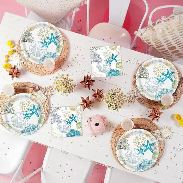 Alt view image 6 of 7 - 40 Pcs Ocean Seashell Plates and Napkins Party Supplies, Coastal Beach Paper Plates Napkins Starfish Coral Disposable Tableware Set for Summer Birthday Baby Shower Beach Party Decorations (Ocean)