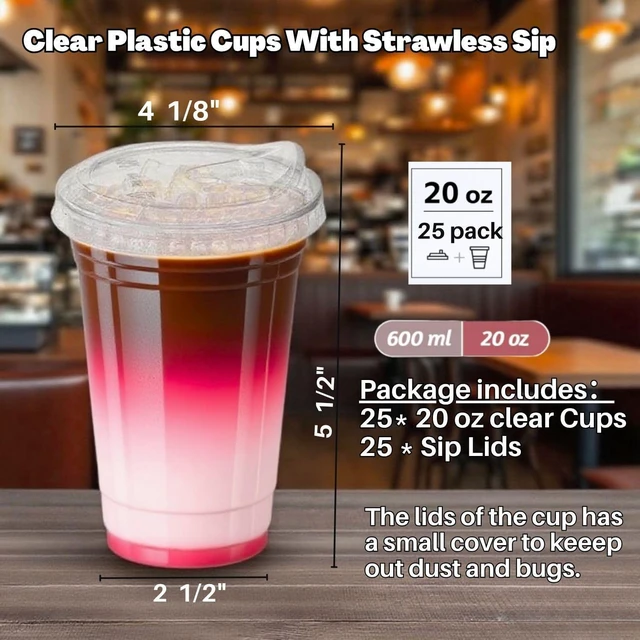 Alt view image 4 of 6 - 25 Sets- 20 oz Clear Plastic Cups with Strawless-Sip-Lids, Disposable Cup Plastic Iced Coffee Cups for Cold Drinks, Smoothies and Juices
