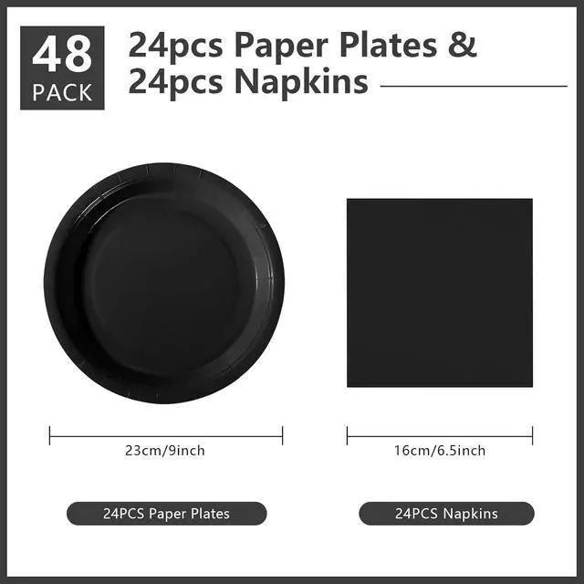 Alt view image 2 of 7 - Black 9Inch Paper Plates and Napkins Disposable Plates Serves 24