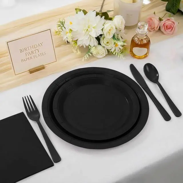 Alt view image 5 of 7 - Black 9Inch Paper Plates and Napkins Disposable Plates Serves 24