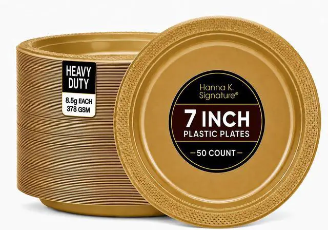 Main image of Gold Solid Color Premium Heavy Weight Plastic Appetizer Plate (7") 50 Count - Elegant & Durable, Perfect for Parties & Events