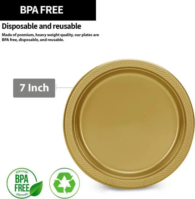 Alt view image 2 of 5 - Gold Solid Color Premium Heavy Weight Plastic Appetizer Plate (7") 50 Count - Elegant & Durable, Perfect for Parties & Events