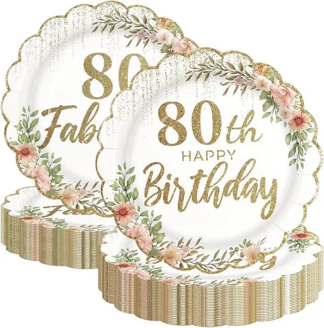 Main image of 80th Birthday Scalloped Paper Plates, White and Gold, 7inch, 50Pcs