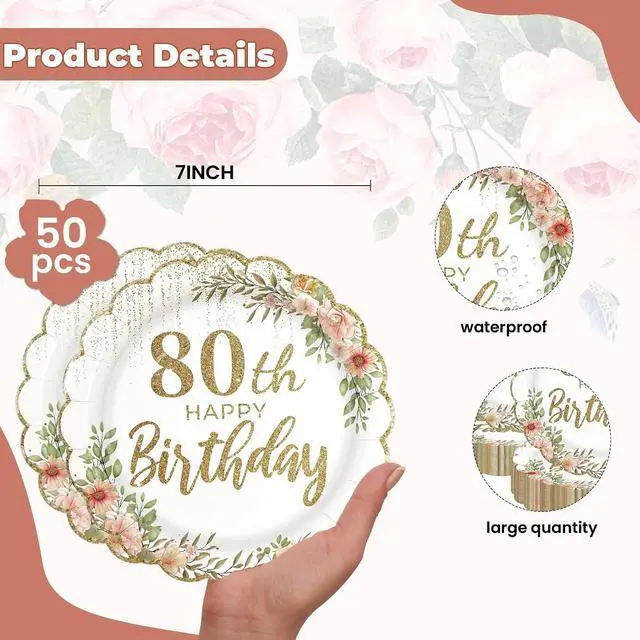 Alt view image 2 of 7 - 80th Birthday Scalloped Paper Plates, White and Gold, 7inch, 50Pcs