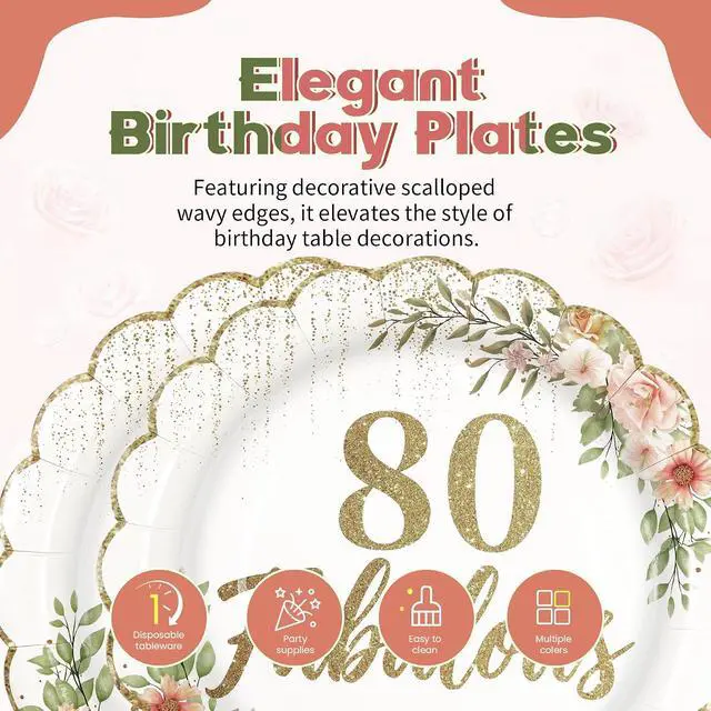 Alt view image 3 of 7 - 80th Birthday Scalloped Paper Plates, White and Gold, 7inch, 50Pcs