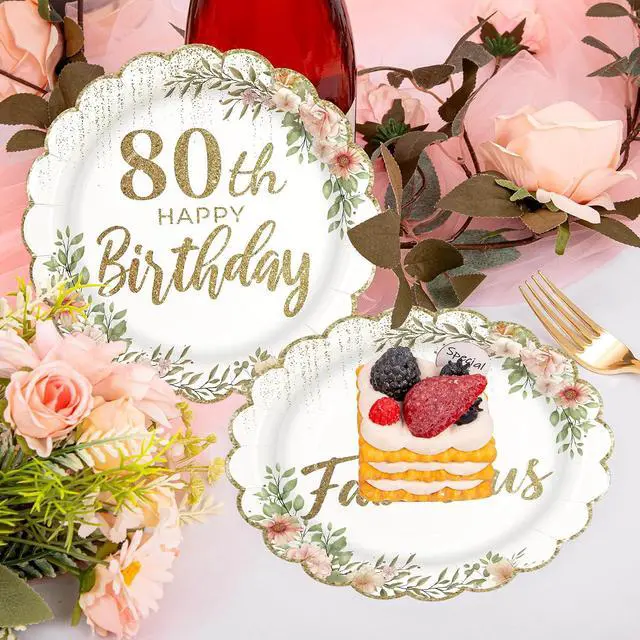 Alt view image 4 of 7 - 80th Birthday Scalloped Paper Plates, White and Gold, 7inch, 50Pcs