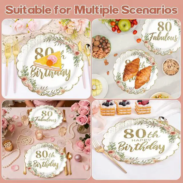 Alt view image 5 of 7 - 80th Birthday Scalloped Paper Plates, White and Gold, 7inch, 50Pcs