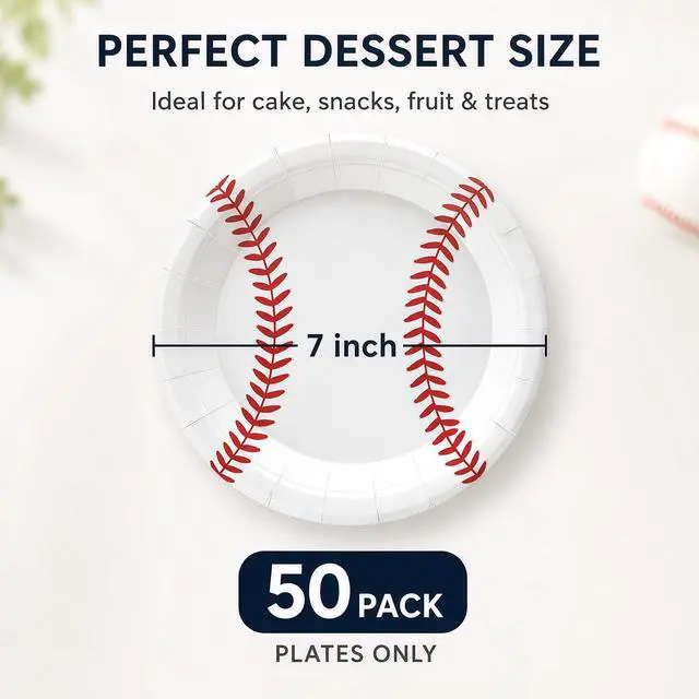 Alt view image 2 of 7 - 50 Pack Baseball Paper Plates 7Inch, Disposable Baseball Birthday Dessert Plates for Cake Salad Fruit Pizza | Baseball Themed Party Supplies & Birthday Party Decorations