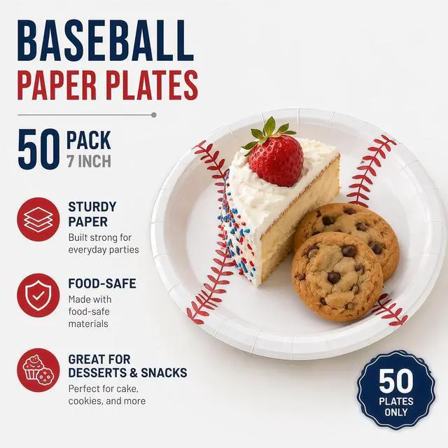 Alt view image 3 of 7 - 50 Pack Baseball Paper Plates 7Inch, Disposable Baseball Birthday Dessert Plates for Cake Salad Fruit Pizza | Baseball Themed Party Supplies & Birthday Party Decorations