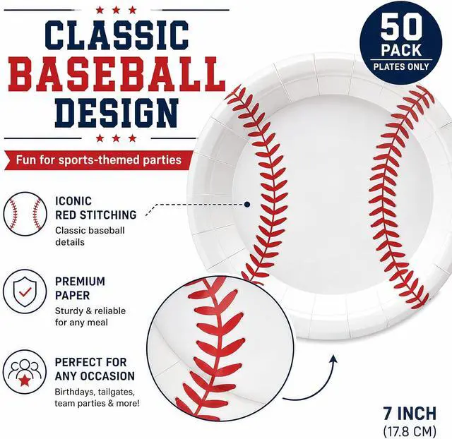 Alt view image 4 of 7 - 50 Pack Baseball Paper Plates 7Inch, Disposable Baseball Birthday Dessert Plates for Cake Salad Fruit Pizza | Baseball Themed Party Supplies & Birthday Party Decorations