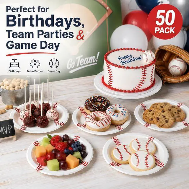 Alt view image 7 of 7 - 50 Pack Baseball Paper Plates 7Inch, Disposable Baseball Birthday Dessert Plates for Cake Salad Fruit Pizza | Baseball Themed Party Supplies & Birthday Party Decorations