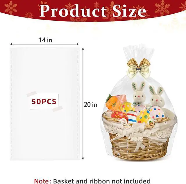 Alt view image 2 of 7 - Clear Basket Bags 50Pack 14"x20" Large Clear Cellophane Bags Cello Bags