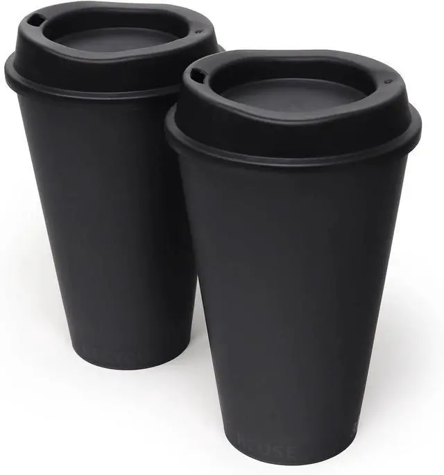Main image of Rolling Sands USA Made 16 oz Reusable Coffee Cups with Lids 2 Pk, To Go Travel Cups, Hot or Cold Drinks, Dishwasher and Microwave Safe, Black