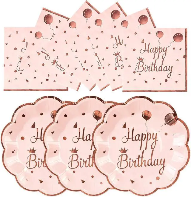 Main image of 50Pcs Happy Birthday Plates and Napkins, 7 Inch Rose Gold Birthday Plates