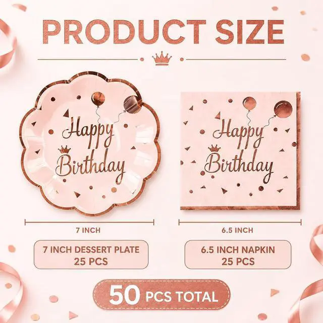 Alt view image 2 of 7 - 50Pcs Happy Birthday Plates and Napkins, 7 Inch Rose Gold Birthday Plates