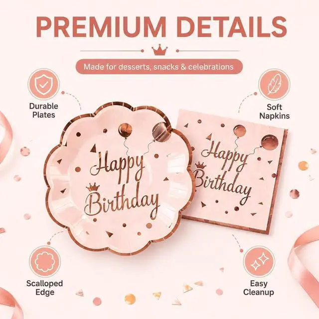 Alt view image 3 of 7 - 50Pcs Happy Birthday Plates and Napkins, 7 Inch Rose Gold Birthday Plates
