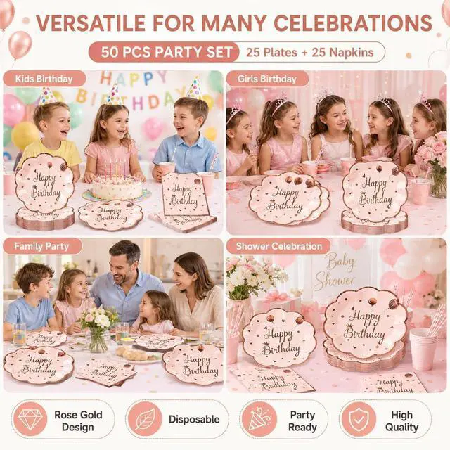 Alt view image 4 of 7 - 50Pcs Happy Birthday Plates and Napkins, 7 Inch Rose Gold Birthday Plates