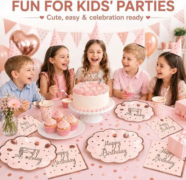 Alt view image 7 of 7 - 50Pcs Happy Birthday Plates and Napkins, 7 Inch Rose Gold Birthday Plates