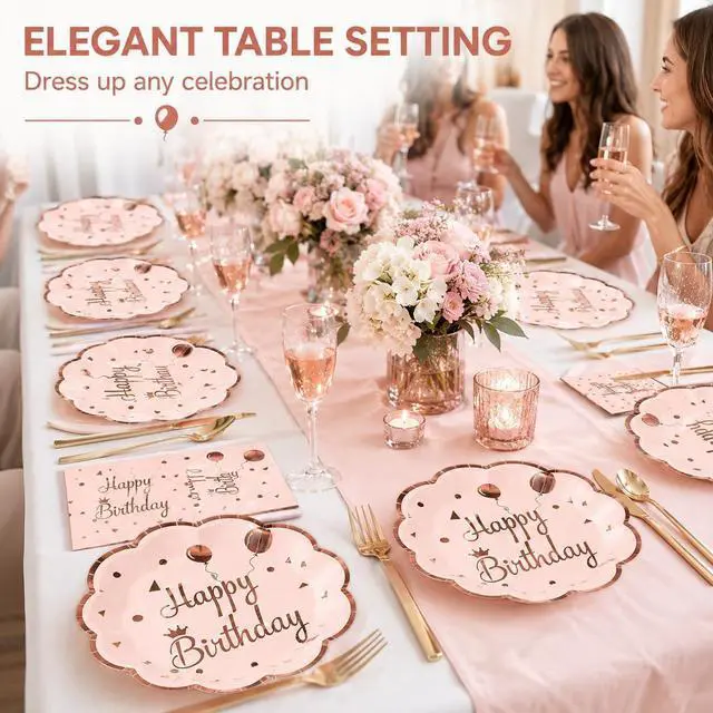 Alt view image 6 of 7 - 50Pcs Happy Birthday Plates and Napkins, 7 Inch Rose Gold Birthday Plates