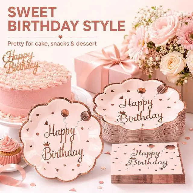 Alt view image 5 of 7 - 50Pcs Happy Birthday Plates and Napkins, 7 Inch Rose Gold Birthday Plates