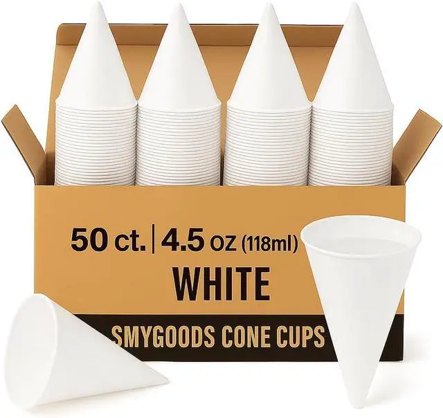 Main image of Disposable White Paper Cone Cups (Pack of 50-4.5 oz) Eco-Friendly, Leak-Proof, Ideal for Events, Water Coolers, Quick Hydration & Efficient Cleanup