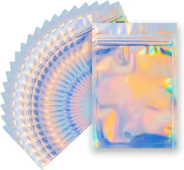 Main image of 100 Pieces Resealable Smell Proof Bags - 4 x 6 Inches Foil Pouch Bags Flat Clear Food Storage Bags Plastic Packaging Foil Mylar Bags for Party Favor Food Storage (Holographic Rainbow Color)