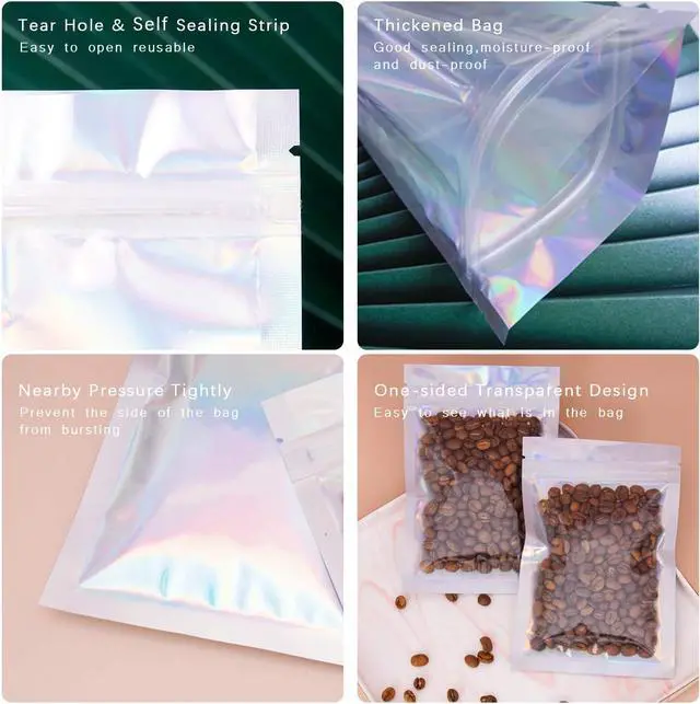 Alt view image 7 of 7 - 100 Pieces Resealable Smell Proof Bags - 4 x 6 Inches Foil Pouch Bags Flat Clear Food Storage Bags Plastic Packaging Foil Mylar Bags for Party Favor Food Storage (Holographic Rainbow Color)