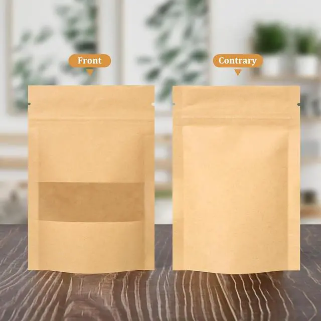 Alt view image 2 of 7 - 100 Pcs Resealable bags, 3.5" x 5.5" Sealable Stand Up Kraft Paper Bags with Matte Window, Zip Lock Food Storage Bags for Packaging Products