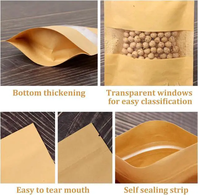 Alt view image 3 of 7 - 100 Pcs Resealable bags, 3.5" x 5.5" Sealable Stand Up Kraft Paper Bags with Matte Window, Zip Lock Food Storage Bags for Packaging Products