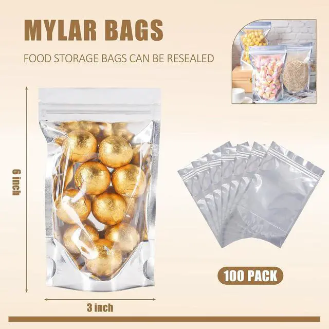 Alt view image 3 of 6 - 100 Pack Silver Mylar Bags with Window, 3x6 in Stand Up Pouches