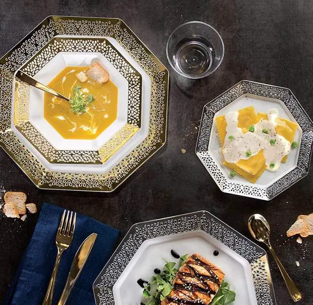 Alt view image 4 of 4 - Lillian Tablesettings 7.5" | Silver Lacetagon | Pack of 10 Plastic Plates, 7.25" (34187)