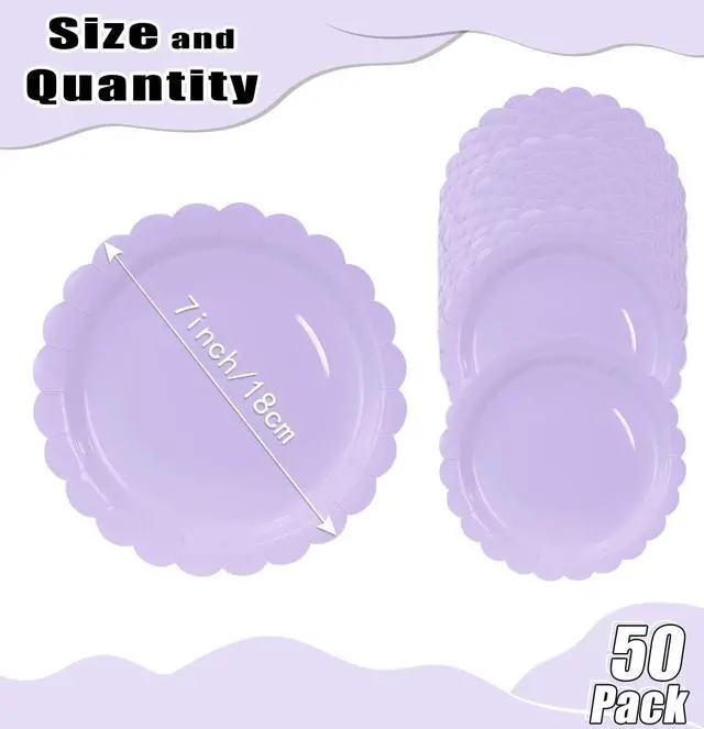 Alt view image 2 of 7 - HEIPINIUYE 50 Pieces Light Purple Paper Plates 7 Inch Lavender Scalloped Plates Disposable Dinner Plates for Wedding Baby Shower Birthday Party Dessert Plates