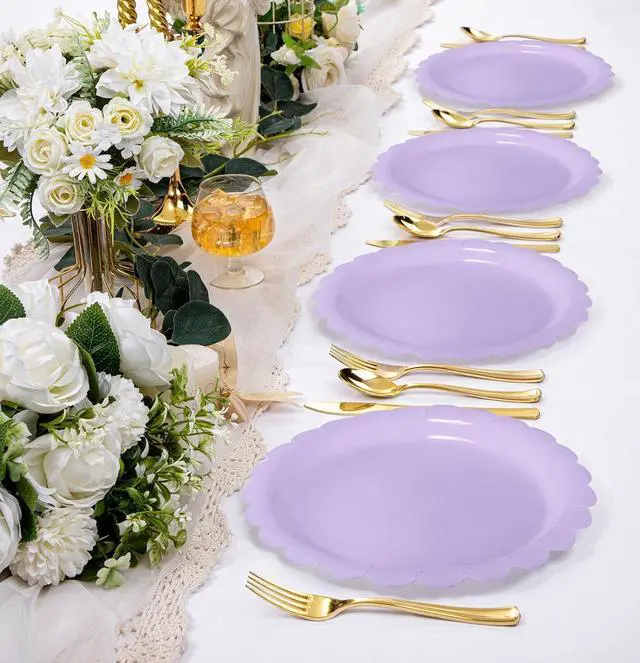 Alt view image 6 of 7 - HEIPINIUYE 50 Pieces Light Purple Paper Plates 7 Inch Lavender Scalloped Plates Disposable Dinner Plates for Wedding Baby Shower Birthday Party Dessert Plates